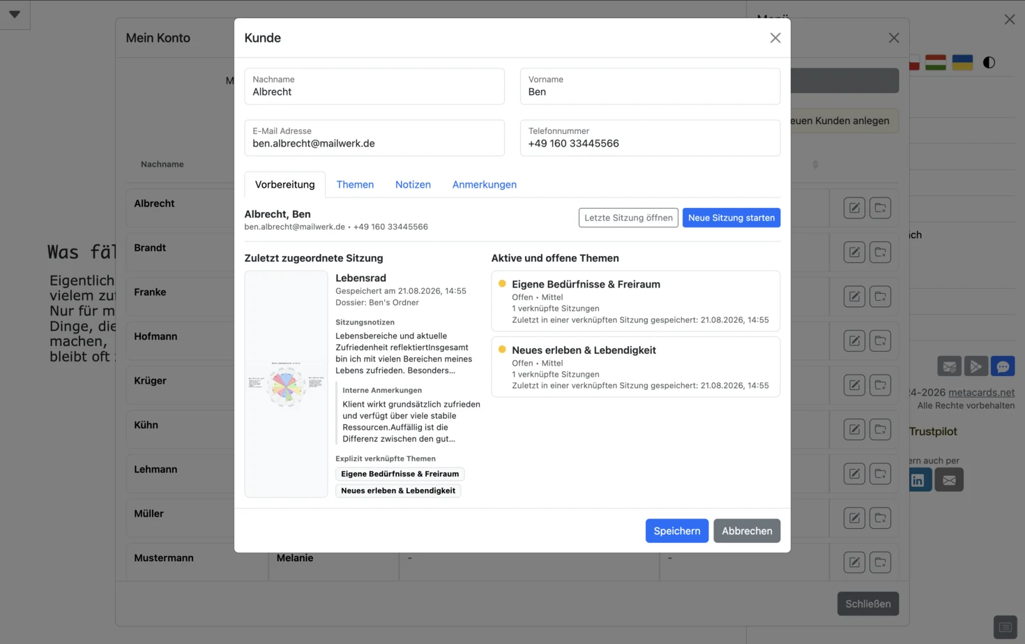 Preparación auténtica de cliente en metacards con última sesión y temas abiertos