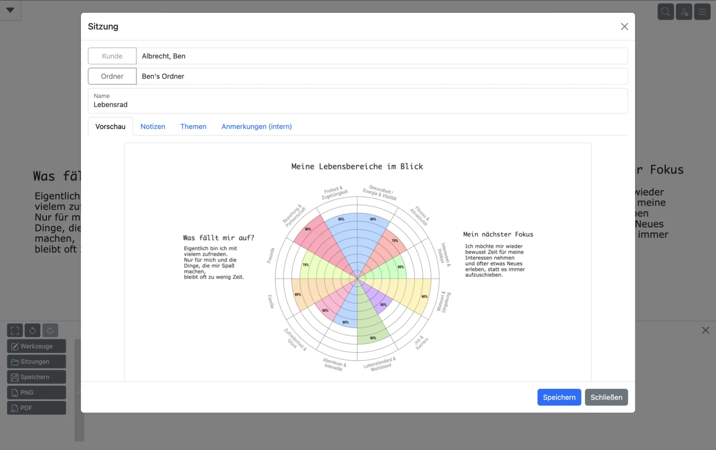 Vista auténtica de una sesión de metacards con espacio visual guardado, notas y temas